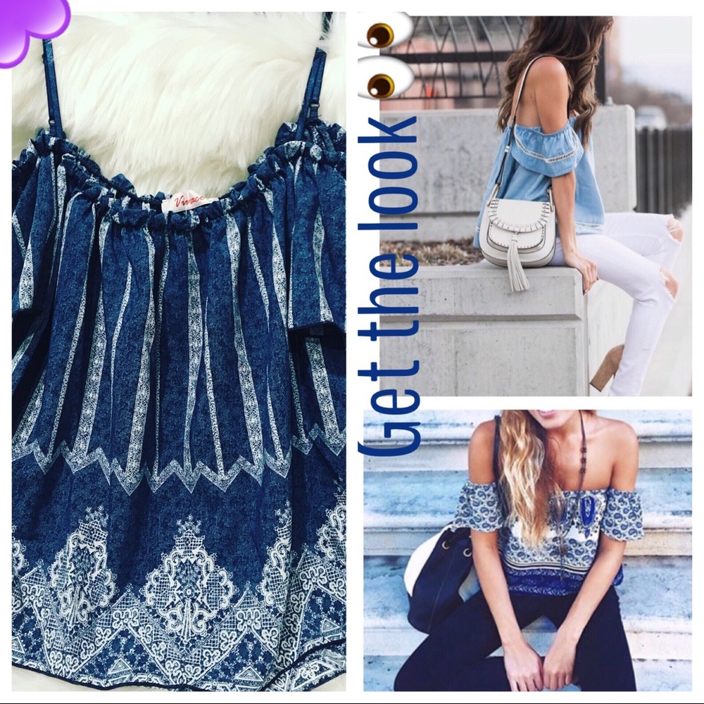VIVACE Blue Print Off-The-Shoulder Top